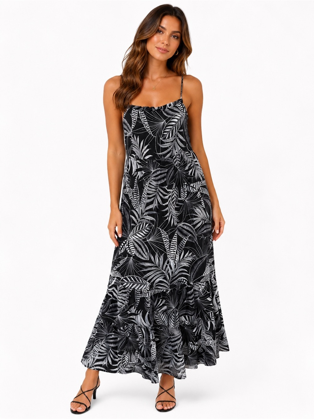 Banana Republic Black & White Leaf-Print Spaghetti-Strap Maxi Dress